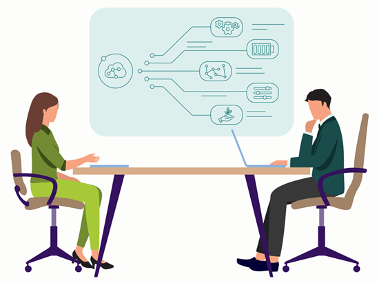 Two colleagues reviewing a connected supply chain planning scenario on screen, demand and supply in one plan