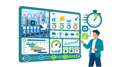 Man pointing at a dairy production dashboard showing plant operations, product yield gauges, supply chain flow and performance charts.