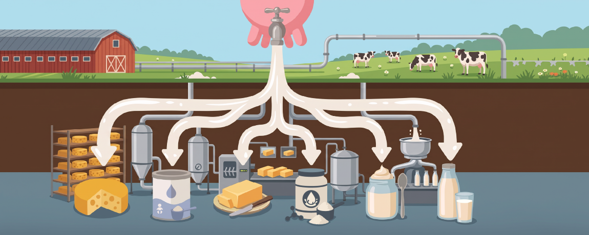 Illustration of milk from a cow udder splitting into streams that feed cheese, butter, condensed milk, milk powder, cream and bottled milk production.