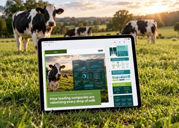 OMP dairy e-book "How leading companies are valorizing every drop of milk" open on a tablet in a pasture of grazing cows