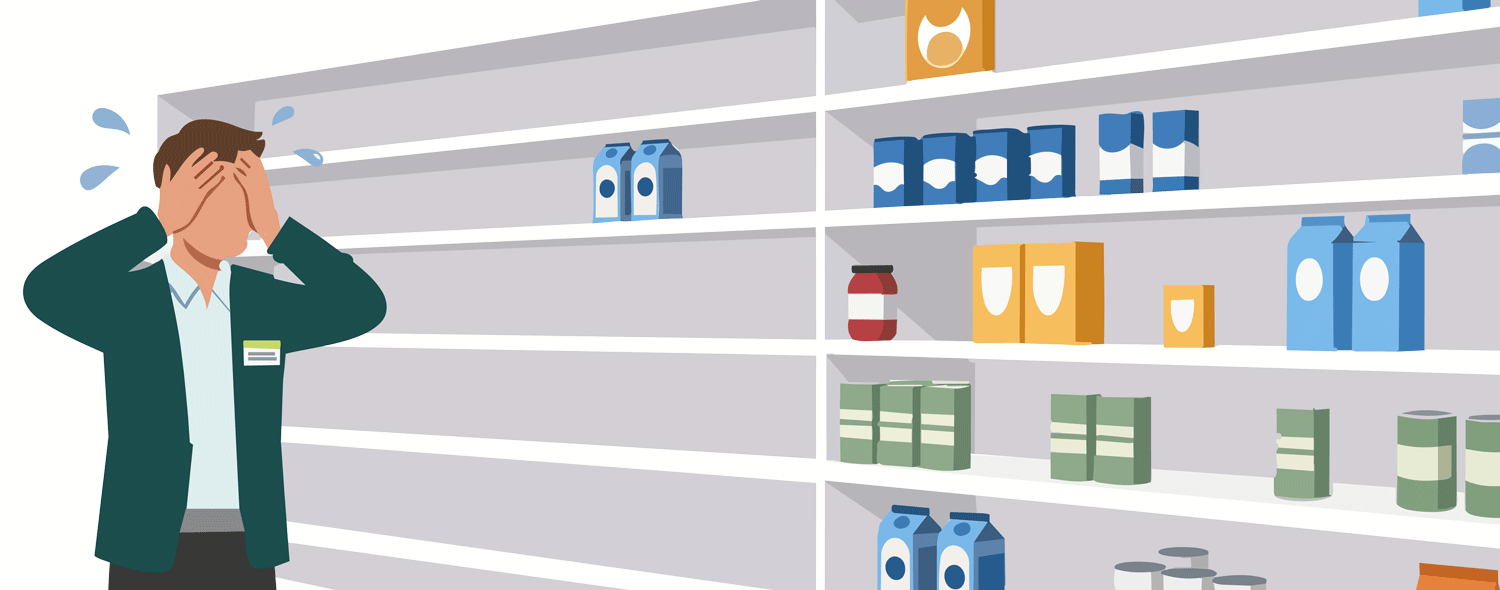 Store employee holding his head in front of supermarket shelves with large out-of-stock gaps